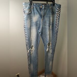 Stylish Blue Distressed Jeans with Checkered Side Stripes